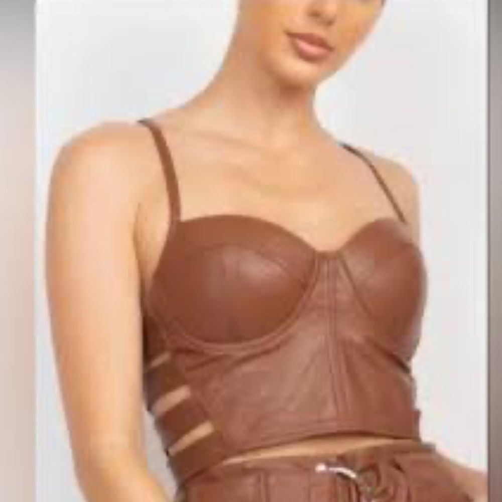 Faux Leather Brown Bustier Crop Top - Women